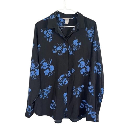 H & M Top Women 12 Blue Floral Western Boho Retro Classic Flowy Summer Concert - Picture 1 of 15